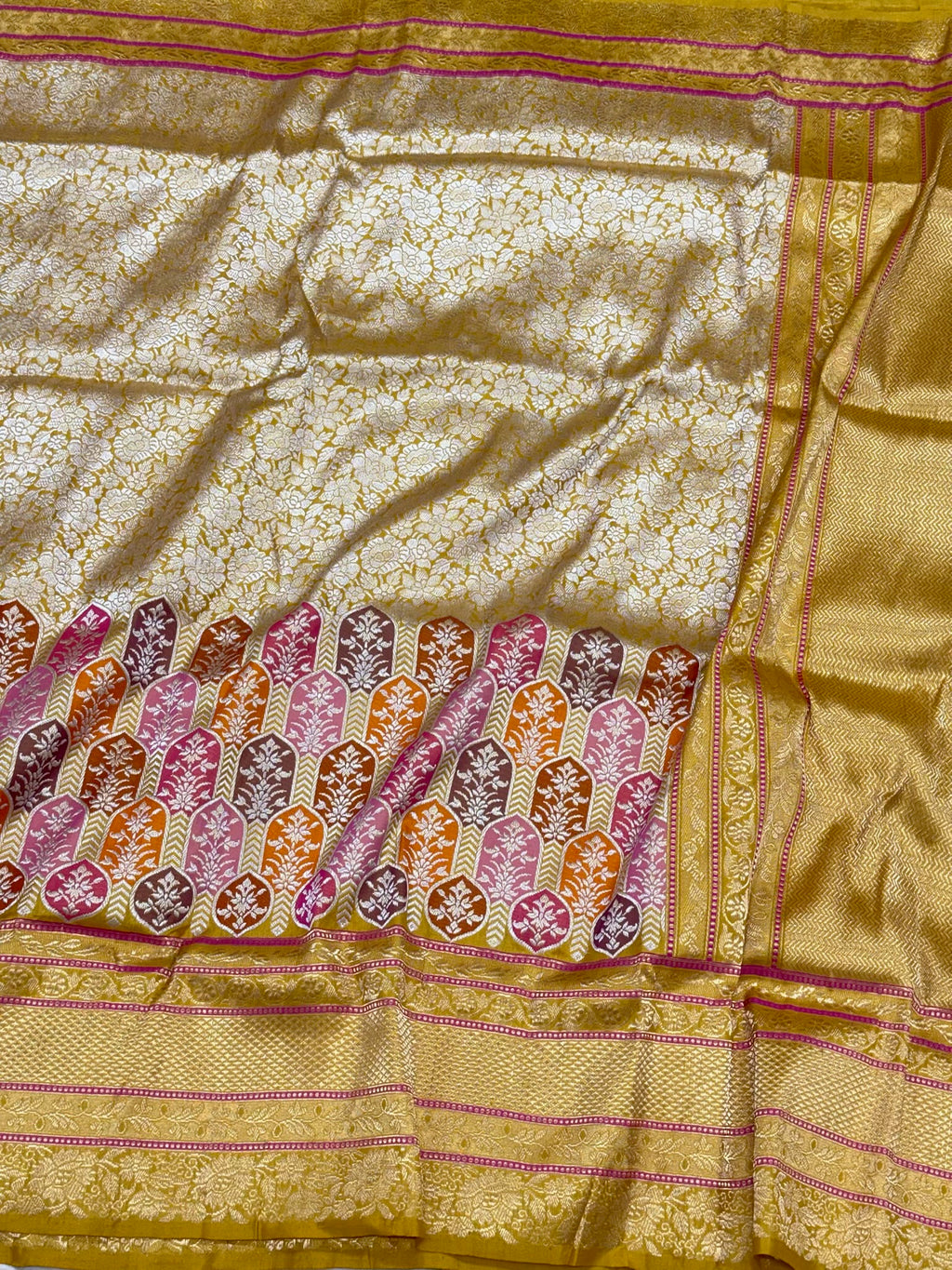 Mustard Yellow Pure Mulberry Katan Silk Handwoven - Kadhwa Techique Modern Banarasi Brocade Saree