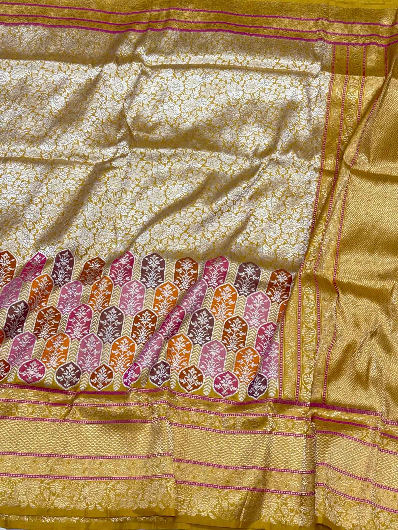 Mustard Yellow Pure Mulberry Katan Silk Handwoven - Kadhwa Techique Modern Banarasi Brocade Saree