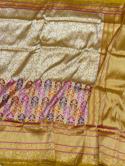 Mustard Yellow Pure Mulberry Katan Silk Handwoven - Kadhwa Techique Modern Banarasi Brocade Saree
