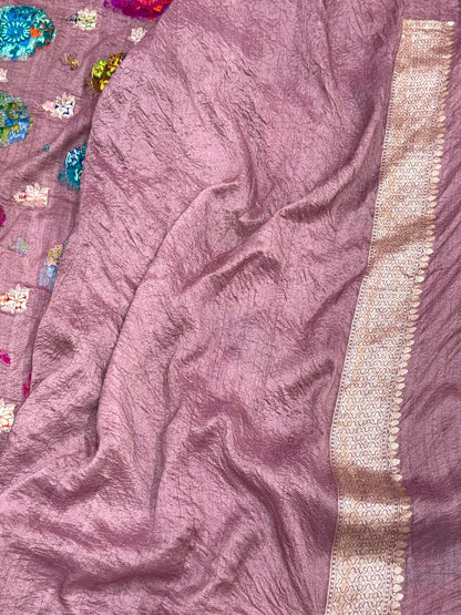 Mauve Pure Tussar Georgette Silk Handwoven Banarasi Saree