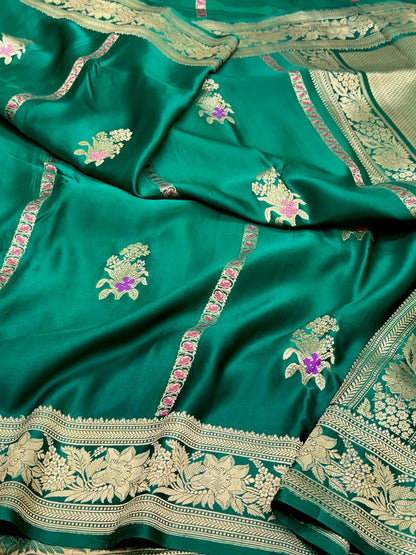 Emerald Green Pure Mashru Satin Silk Handwoven Banarasi Saree - Elegance That Never Fades