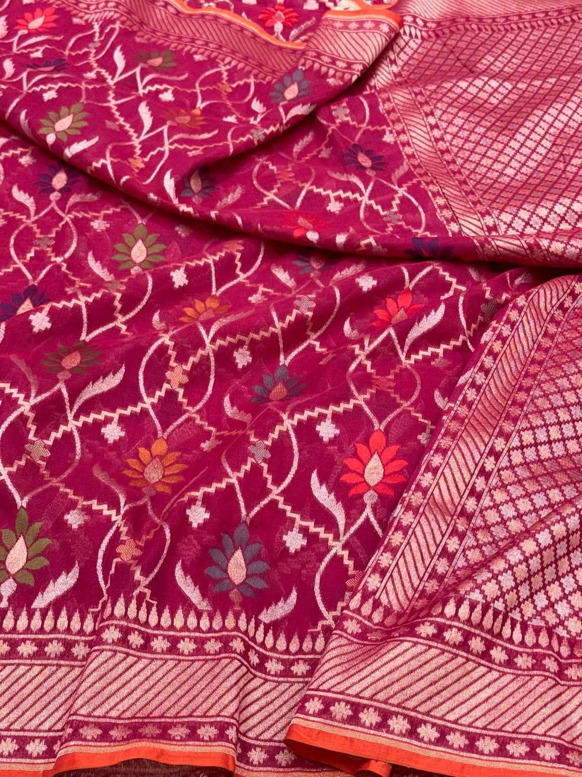 Raspberry Pink Pure Muslin Cotton Jamdani - Ektara Weave Handloom Modern Banarasi Saree