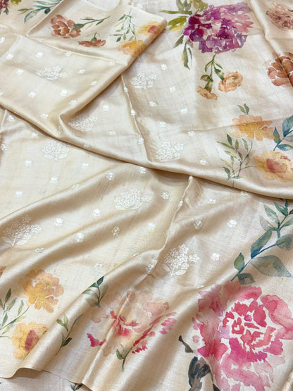 Ivory Pure Tussar Silk Handloom Printed with Embroidery Banarasi Saree - Soft Lightweight Banarasi Saree
