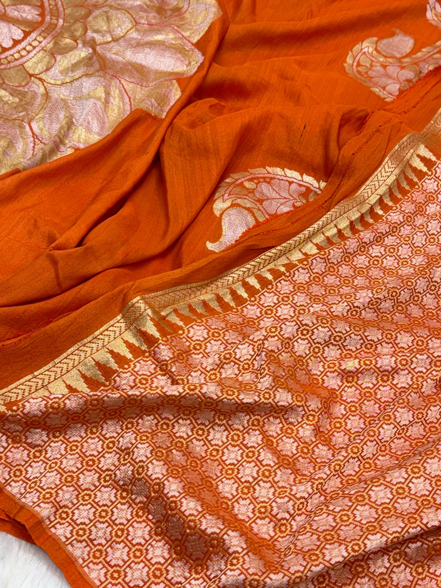 Orange Pure Tussar Georgette Handwoven Banarasi Silk Saree