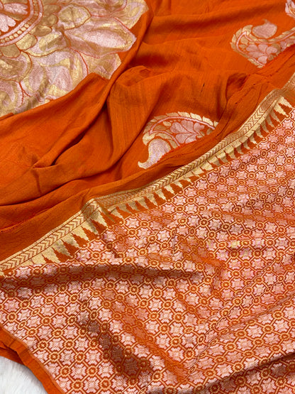 Orange Pure Tussar Georgette Handloom Banarasi Silk Saree