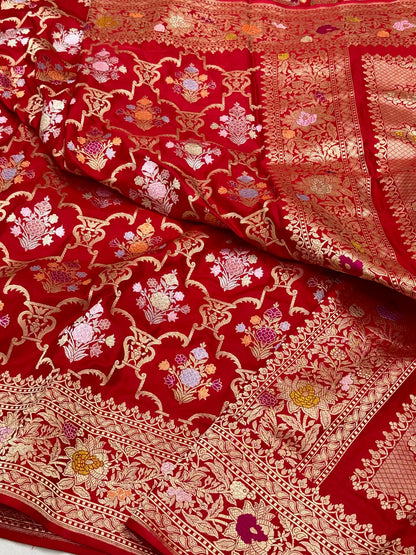 Red Pure Mulberry Silk & Pure Double Katan Silk Handwoven Premium Banarasi Saree with Kadhwa Weave