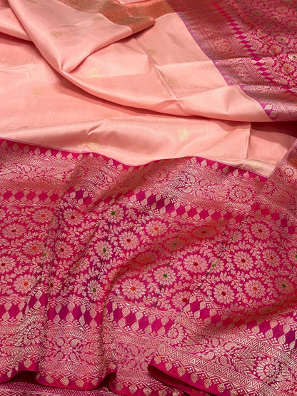 Peach/Raspberry Pink Handwoven Banarasi Saree | Kadhwa Ektara Kadhiyal | Pure Mulberry Katan Silk Authentic Modern Banarasi Saree