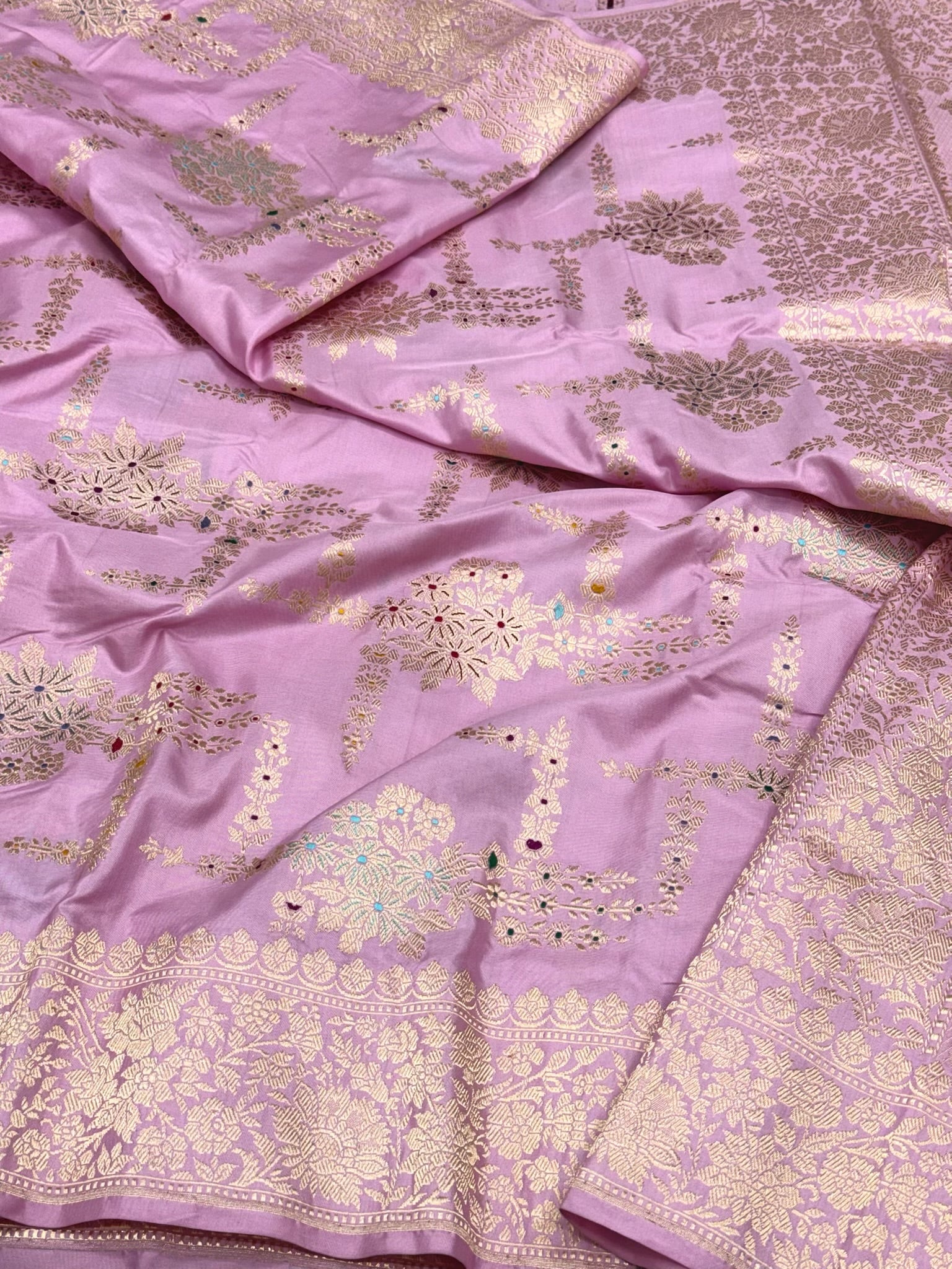 Baby Pink Pure Mulberry Double Katan Silk Handwoven Banarasi Saree - Authentic Banarasi Saree