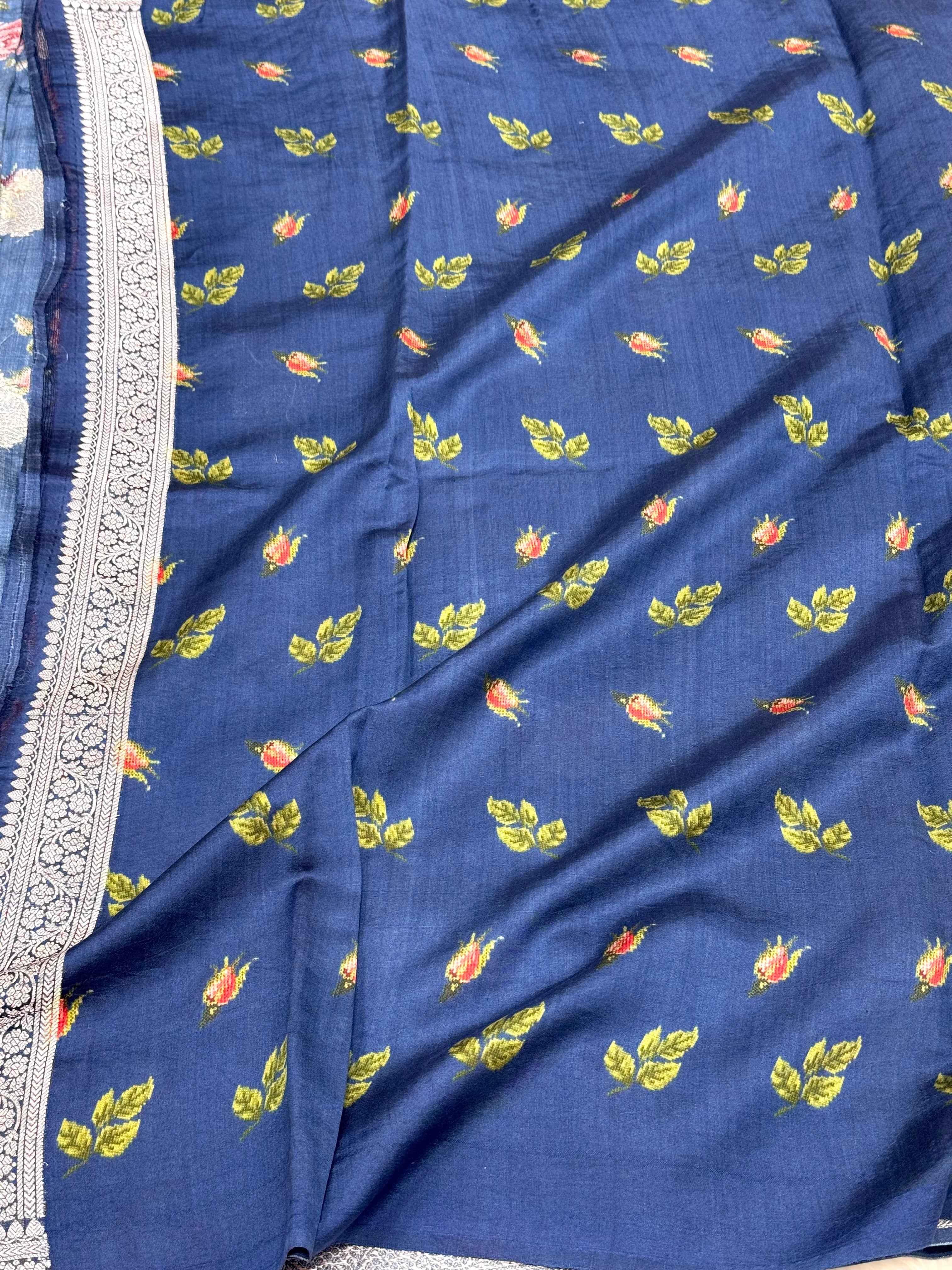 Matte Blue Pure Mulberry Chiniya Silk Lightweight Contemporary Saree