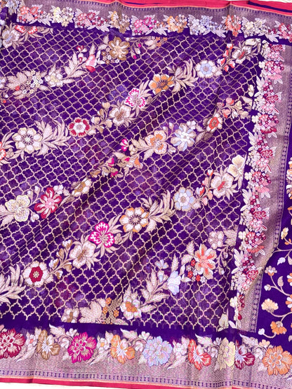 Purple Pure Mulberry Kora Silk Jamdani | Ektara Technique | Handloom Banarasi Saree - The New Classic
