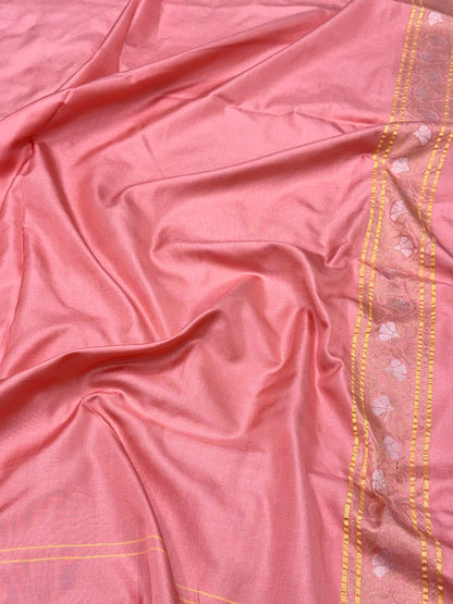 Powder Pink Pure Double Katan Silk Jamdani Handloom Banarasi Saree With Ektara Technique