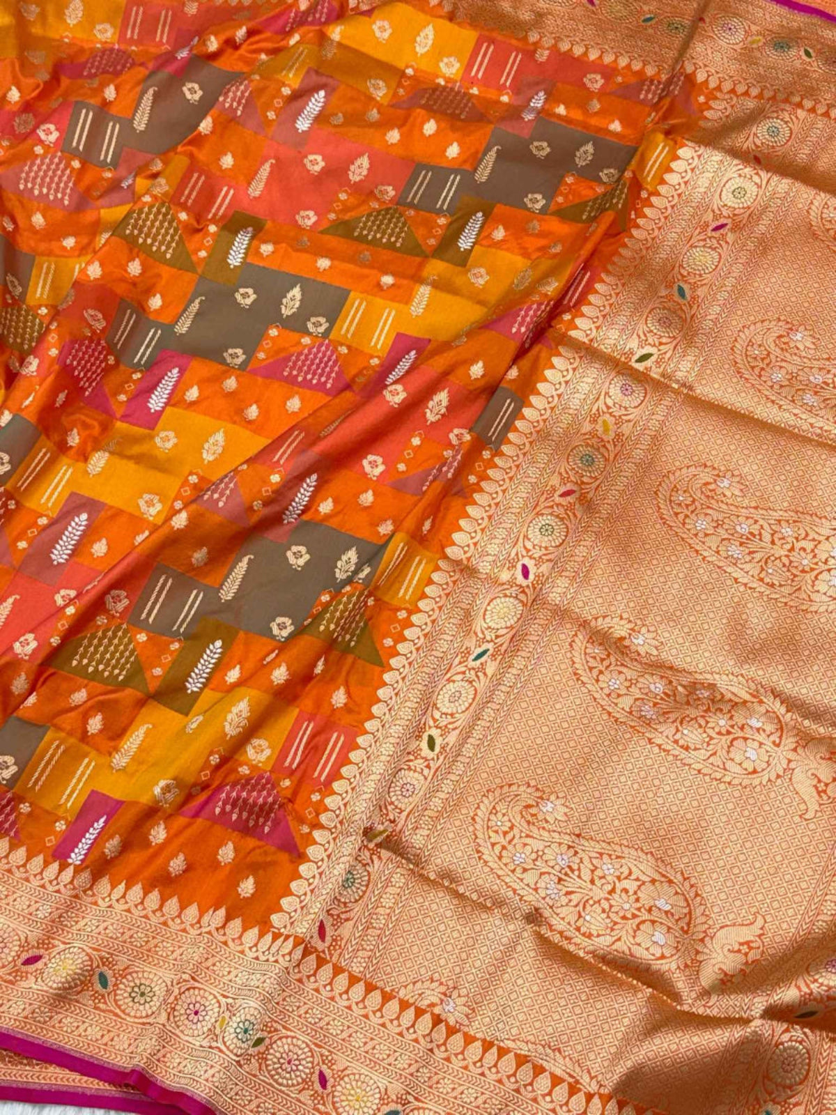 Orange Pure Katan Silk Rangkaat Handwoven Saree