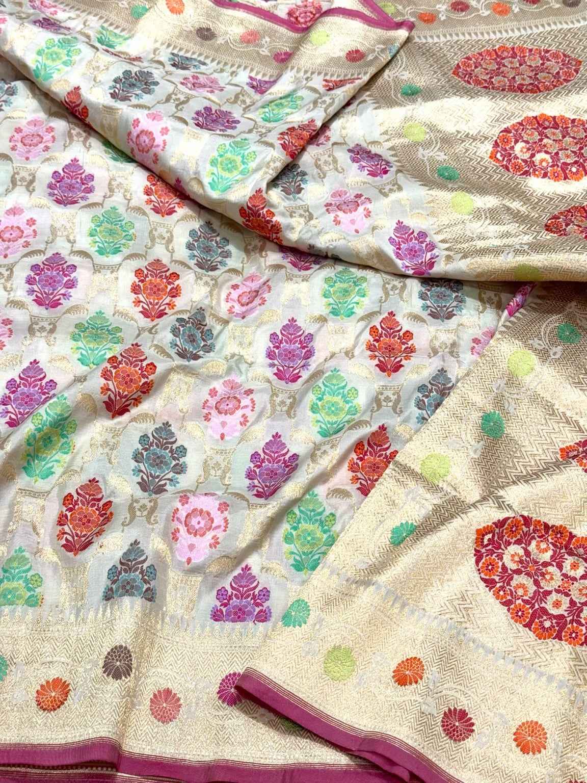 Ivory Pure Katan Silk - Pure Mulberry Silk Handloom Banarasi Saree