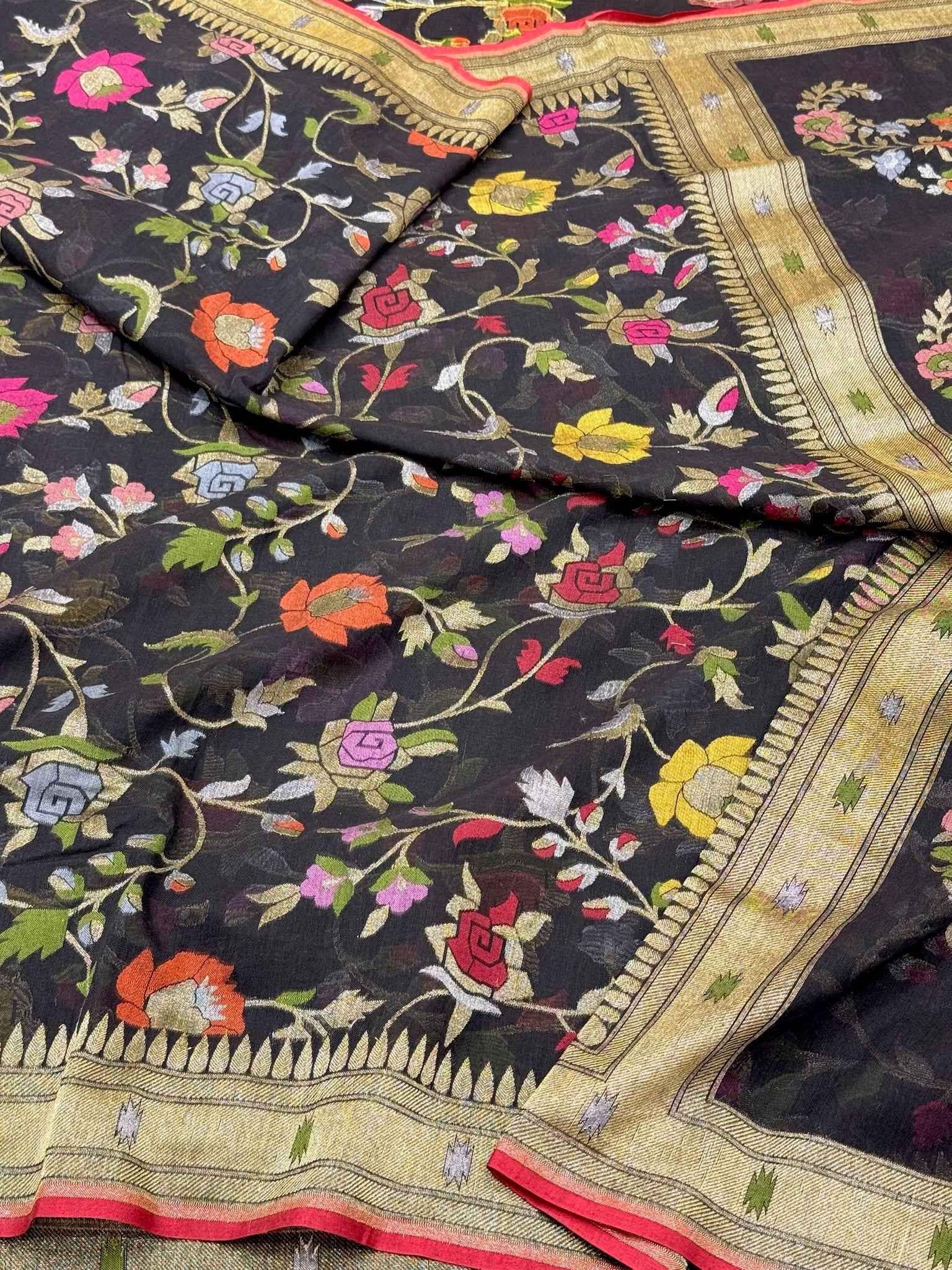Black Pure Muslin Cotton Jamdani Handloom Banarasi Saree with Ektara Weave