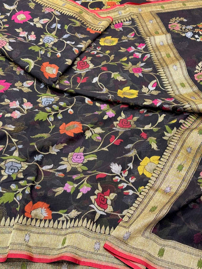 Black Pure Muslin Cotton Jamdani Handloom Banarasi Saree with Ektara Weave