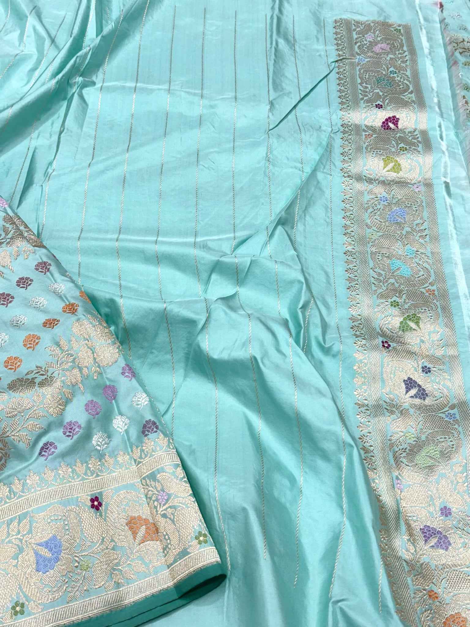 Dusty Sea Green Pure Double Katan Mulberry Silk | Kadhwa Technique | Handwoven Modern Authentic Banarasi Saree