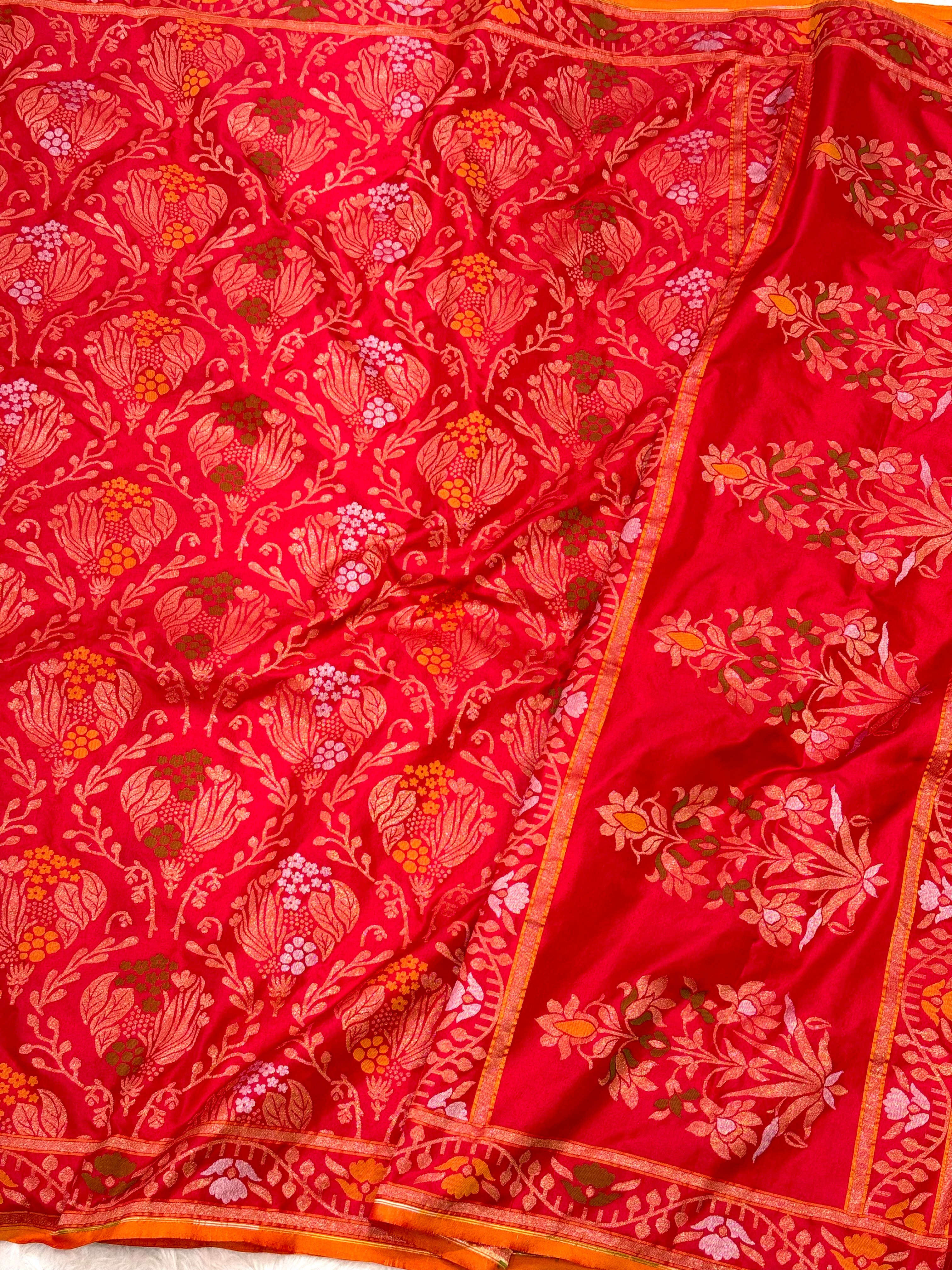 Red Pure Katan Silk Jamdani Handwoven Banarasi Saree |Ektara Weave|