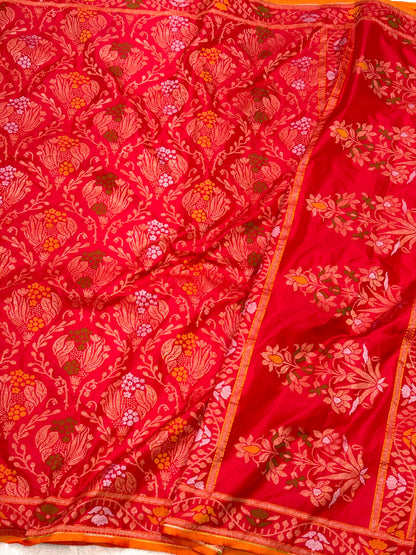 Red Pure Katan Silk Jamdani Handwoven Banarasi Saree |Ektara Weave|