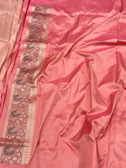 Peach Pure Katan Silk Saree | Kadhwa + Tanchoi Weave | Pure Mulberry Silk Handwoven Banarasi Silk Saree