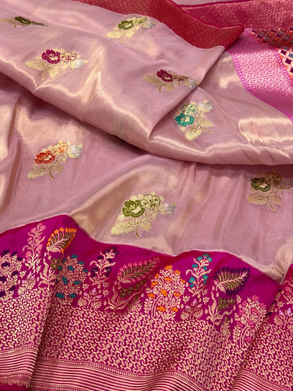 Rose Gold Pure Kora Tissue Silk & Pure Katan Silk Handwoven Banarasi Saree - Kadhwa + Kadhiyal Banarasi Saree