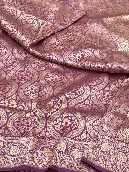 Lilac Pink Pure Mulberry Silk & Pure Katan Silk Handloom Banarasi Saree - Brocade