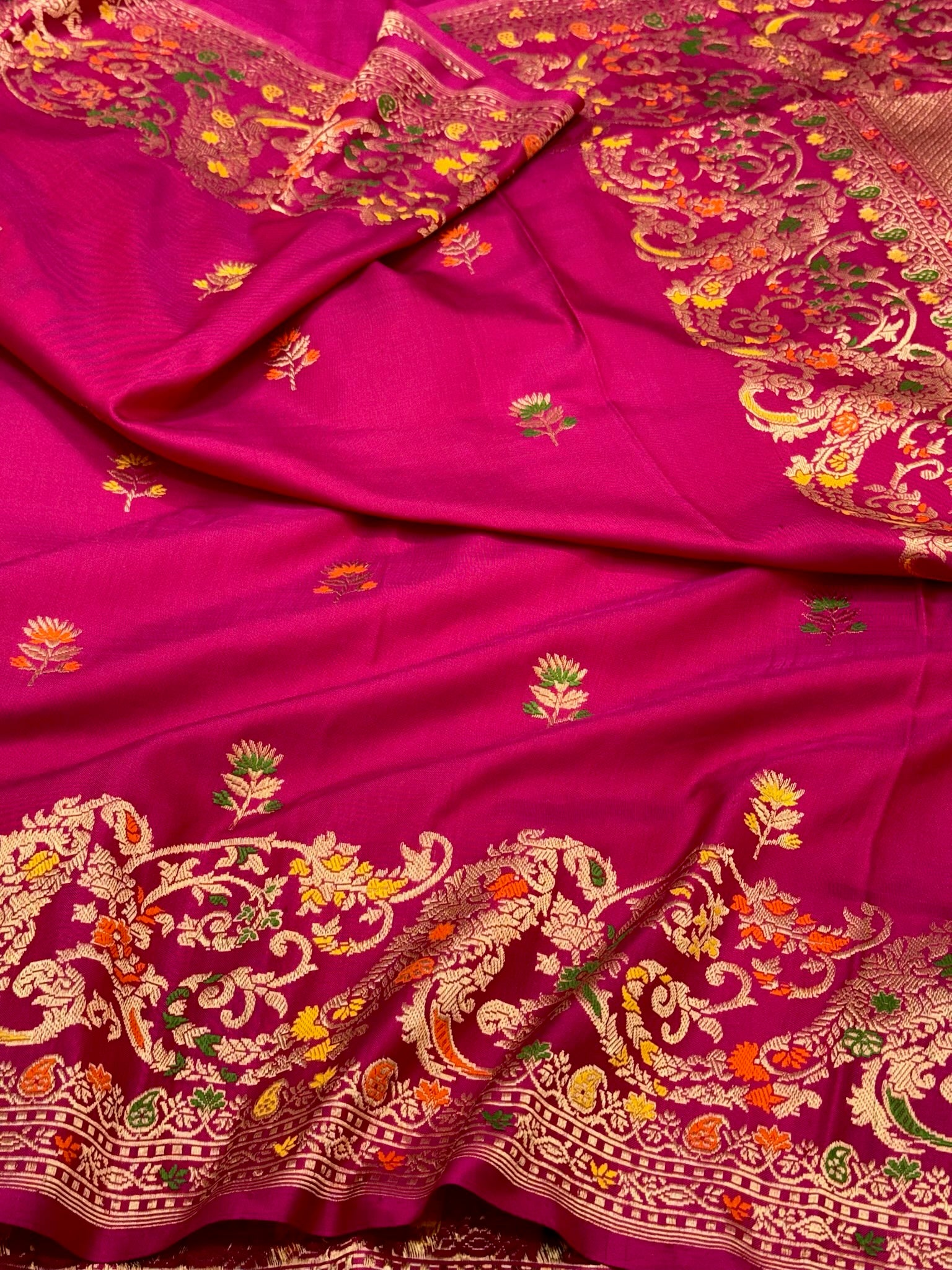 Raspberry Pink Pure Mulberry Katan Silk | Kadhwa Technique | Handwoven Ektara Banarasi Saree