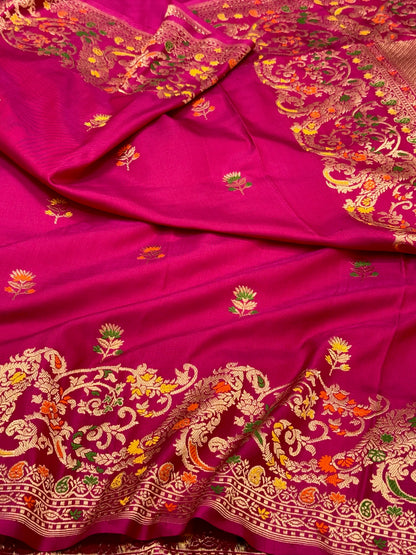 Raspberry Pink Pure Mulberry Katan Silk | Kadhwa Technique | Handwoven Ektara Banarasi Saree