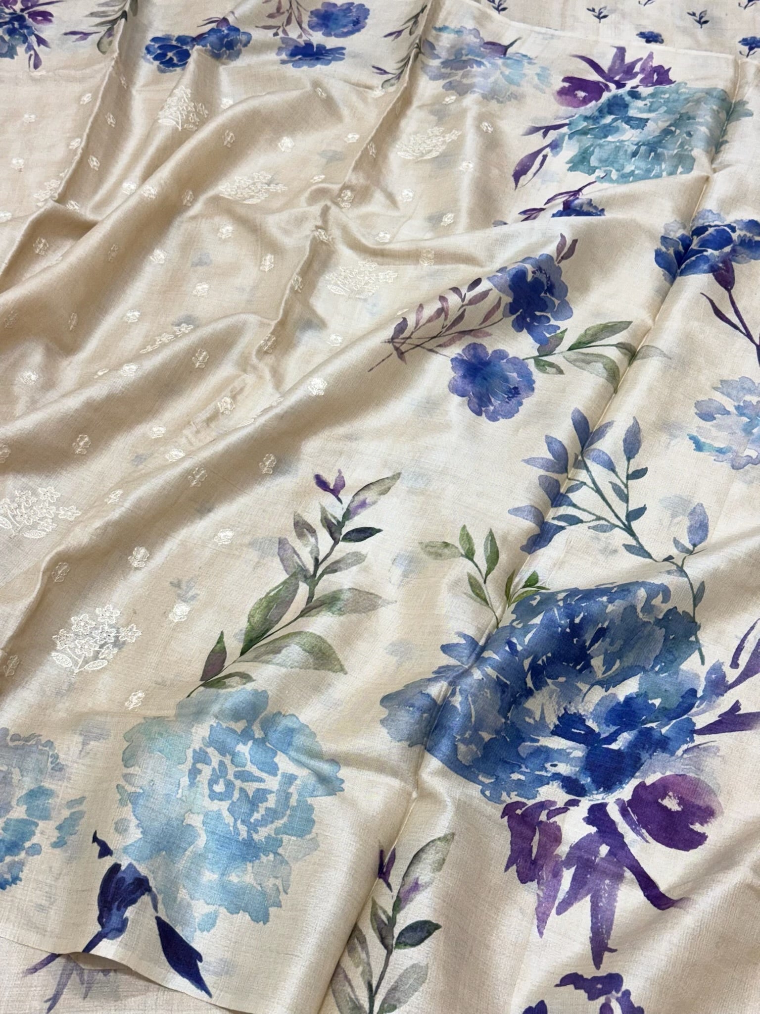 Ivory Pure Tussar Silk Handloom Printed with Embroidery Banarasi Saree -A New Era Of Elegance