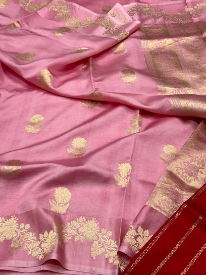 Powder Pink Pure Raw Mango Silk Handwoven Banarasi Lightweight Saree
