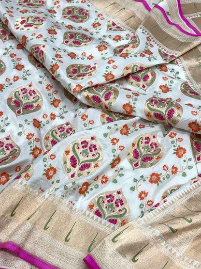 Pearl White Pure Katan Silk & Mulberry Silk | Authentic Handloom Banarasi Saree