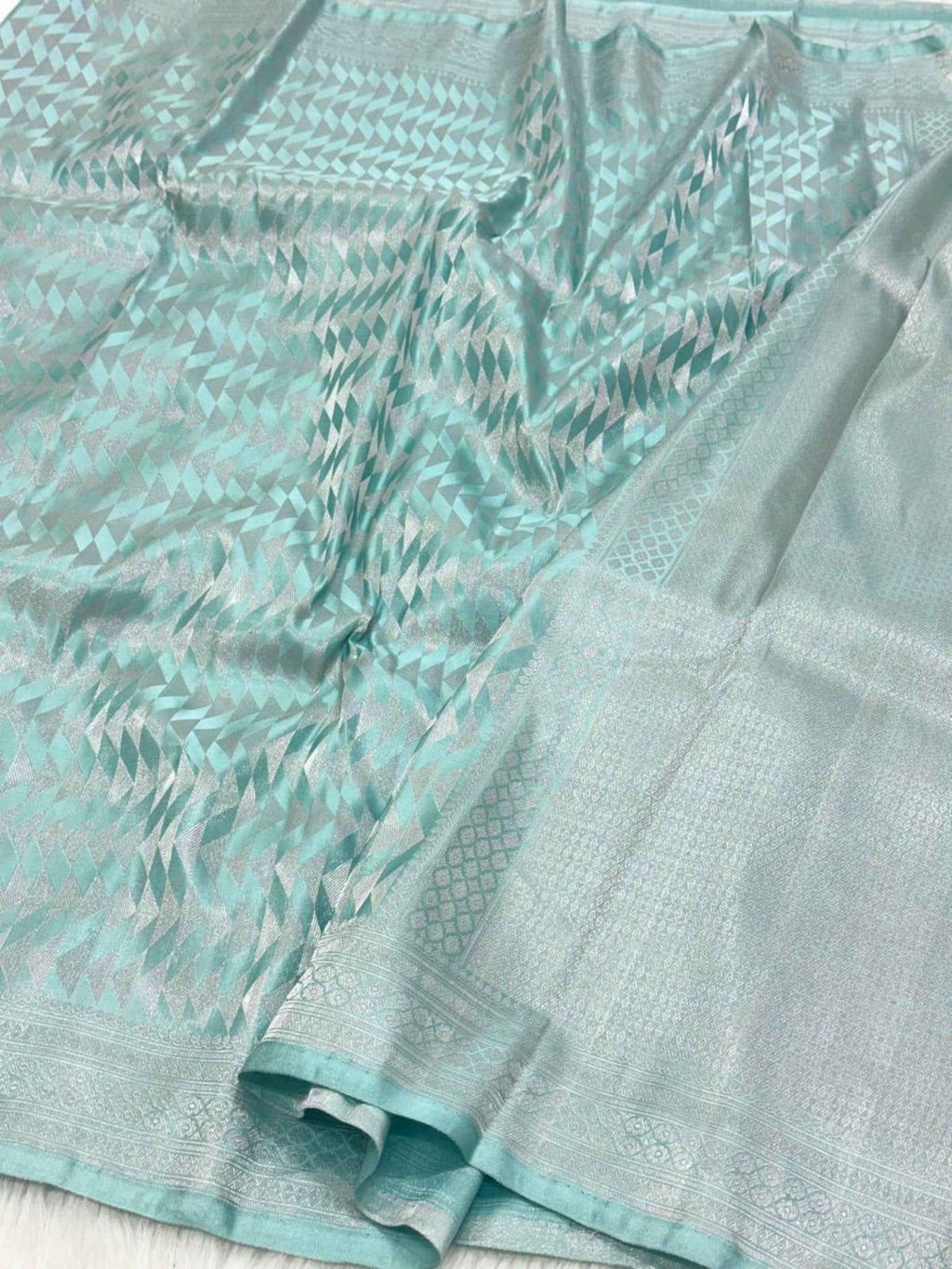 Mint Green Pure Satin Silk Handwoven Soft Drape Banarasi Saree