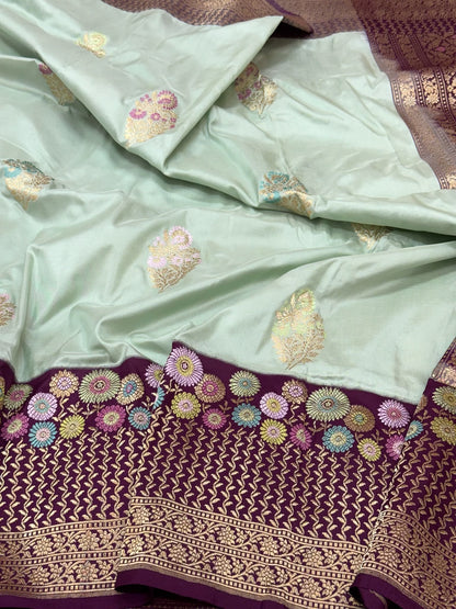 Pastel Sea Green Pure Katan Mulberry Handwoven Banarasi Saree | Kadhwa + Kadhiyal Skirt Border