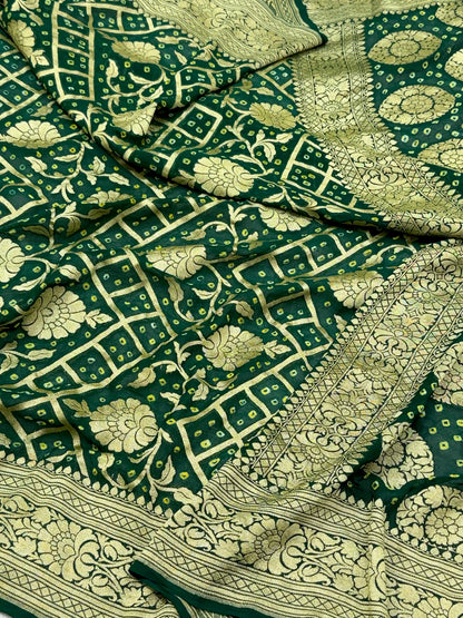 Emerald Green Pure Chiffon Georgette Banarasi Bandhej Saree