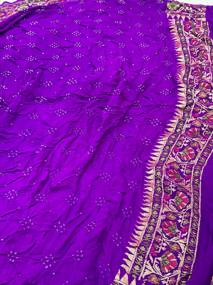 Purple Pure Chiffon Georgette Handloom Banarasi Bandhej Saree - Six Yards Elevated