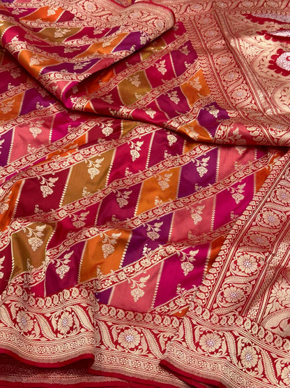 Red Pure Katan Mulberry Silk | Kadhwa Technique | Premium Banarasi Handwoven Contemporary Rangkaat Saree