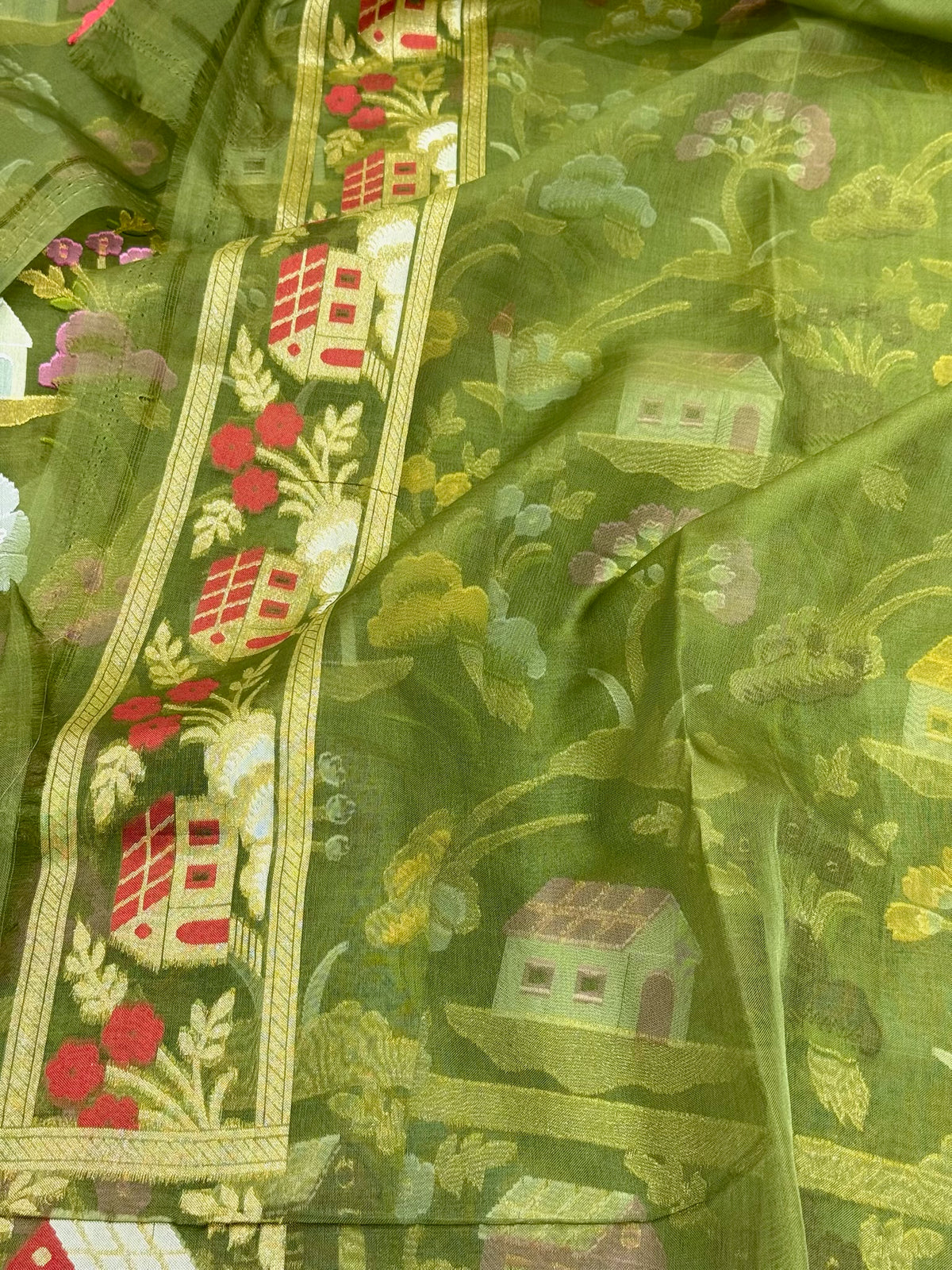 Dark Green Pure Mulberry Kora Silk Saree | Ektara Weave - Soft Drape & Lightweight  Handloom Jamdani Banarasi Saree