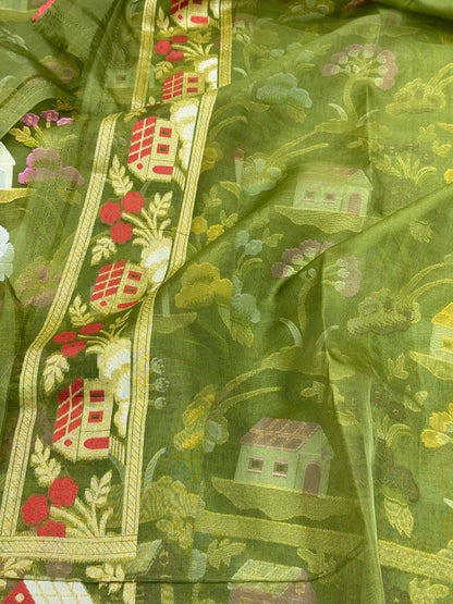 Dark Green Pure Mulberry Kora Silk Saree | Ektara Weave - Soft Drape & Lightweight  Handloom Jamdani Banarasi Saree