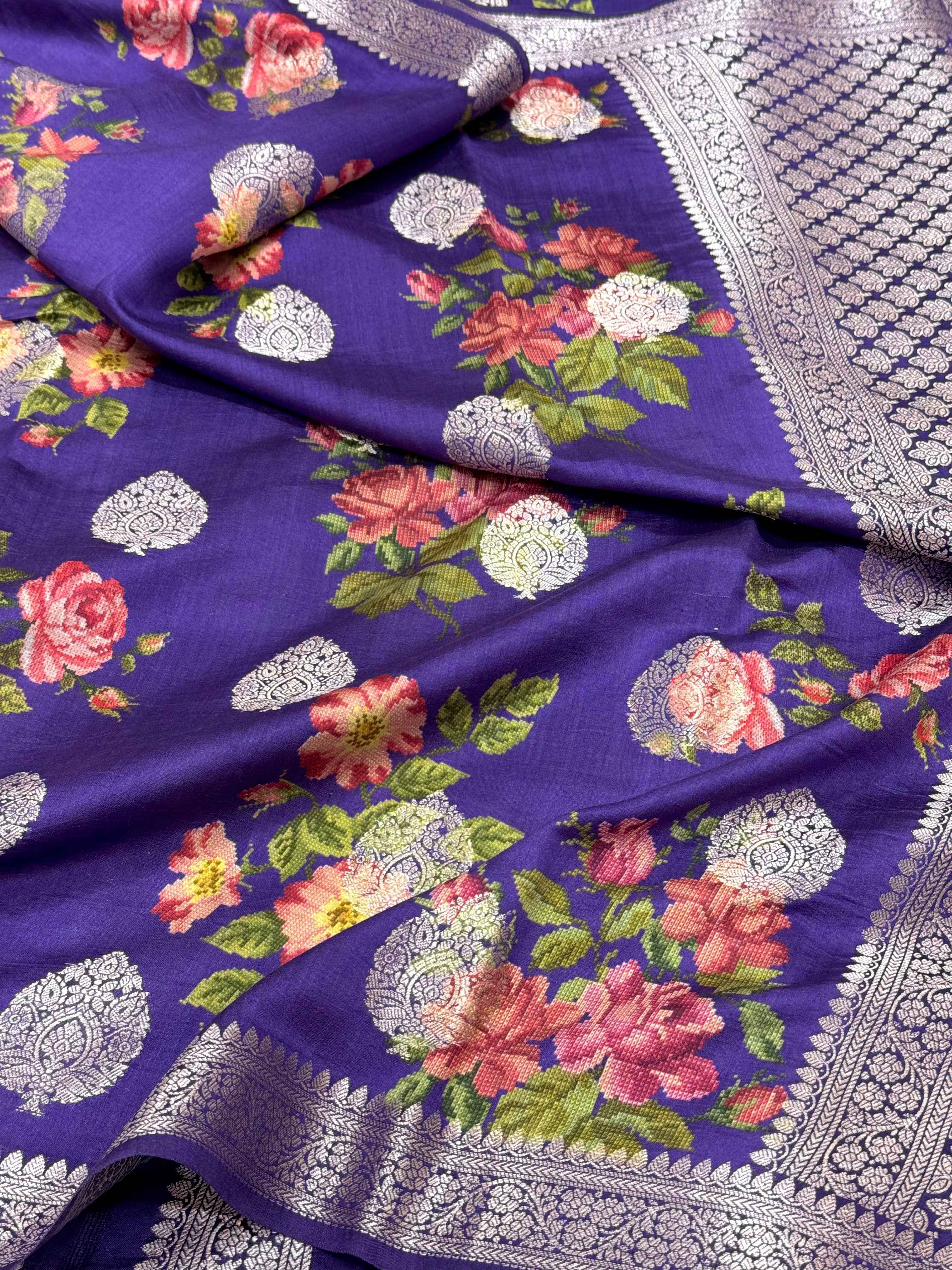 Sky Blue/Blue Pure Mulberry Muga And Satin Silk Banarasi Saree - Lightweight