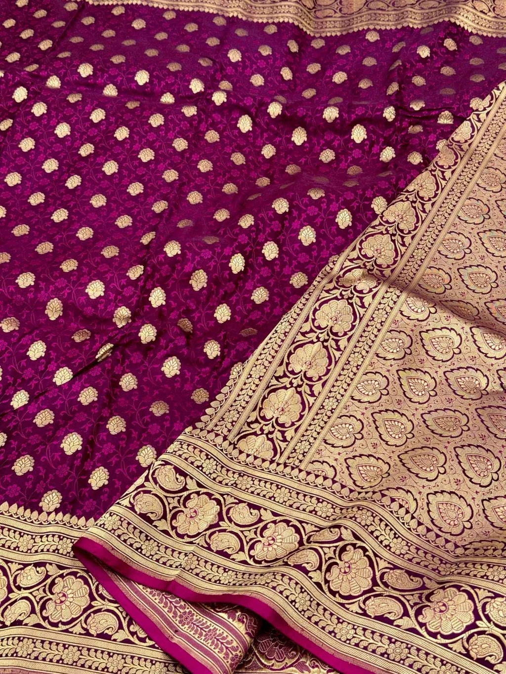 Dark Magenta Pure Satin Silk Handwoven Banarasi Saree