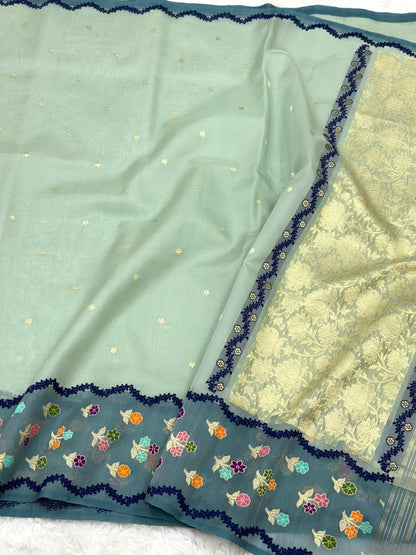 Pale Green Pure Kora Silk Handwoven Banarasi Saree