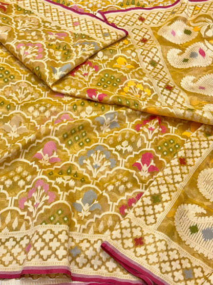 Mustard Yellow Pure Muslin Cotton Tissue Ektara Jamdani Handloom Banarasi Saree