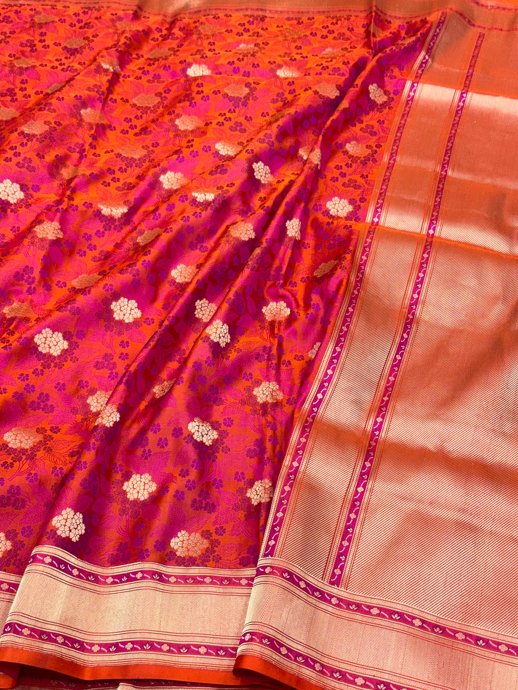 Reddish Orange Pure Mashru Satin Silk Handwoven Banarasi Saree- Tanchoi