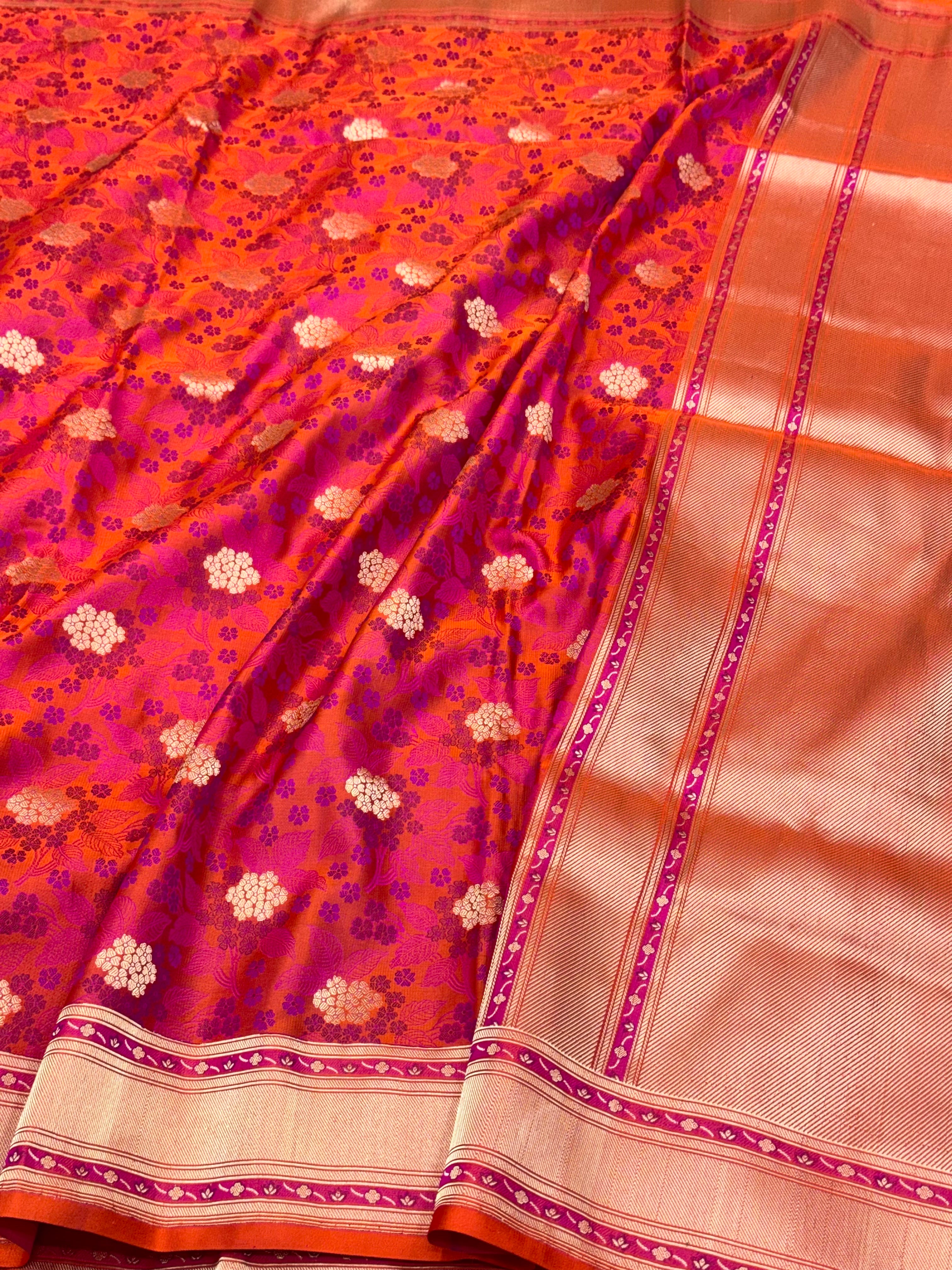 Reddish Orange Pure Mashru Satin Silk Handwoven Banarasi Saree- Tanchoi