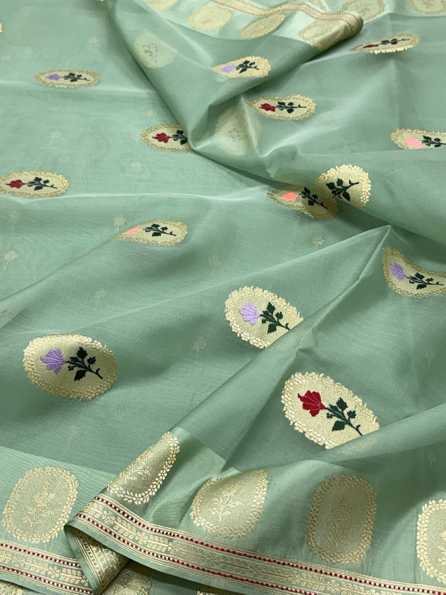 Pastel Green Pure Kora Silk Handwoven Contemporary Saree