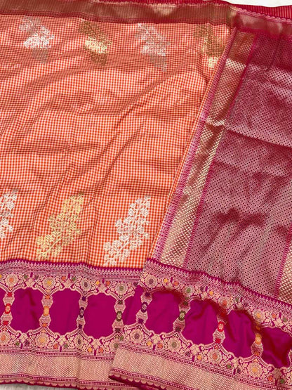 Orange Pure Katan Silk Handwoven Banarasi Saree - Pure Mulberry Silk | Kadhwa Technique | Contemporary Banarasi Saree