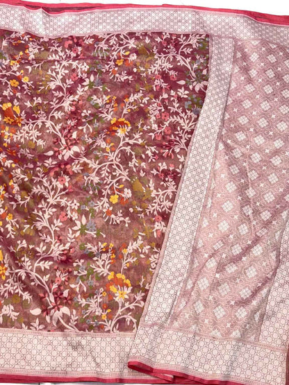 Onion Pink Pure Muslin Cotton Tissue Silk Jamdani Handloom Banarasi Lightweight Saree
