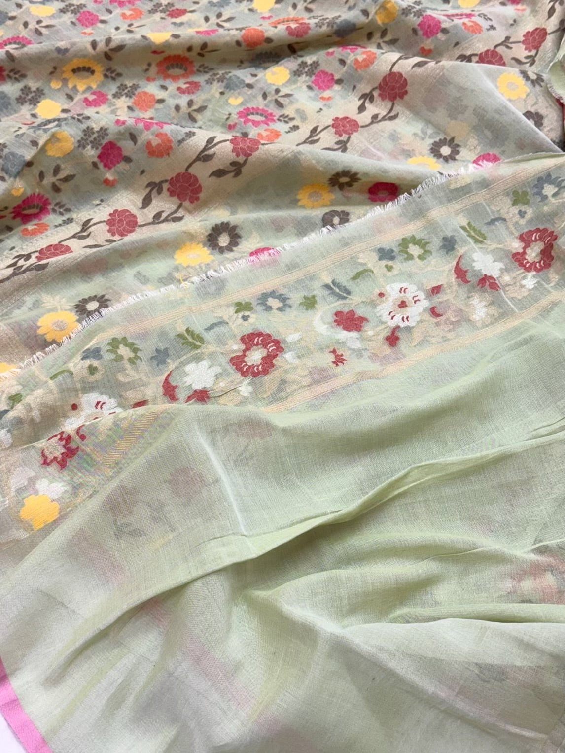 Pastel Green Pure Muslin Cotton Jamdani Handloom Banarasi Saree |Ektara Weave|