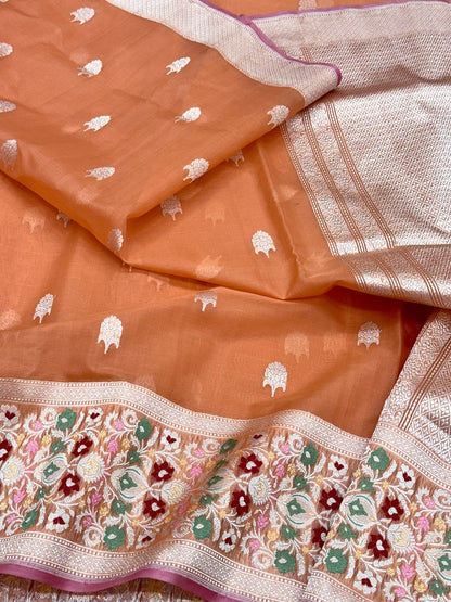 Rust Pure Mulberry Kora Silk Handwoven | Kadhwa Technique | Elegant Banarasi Saree
