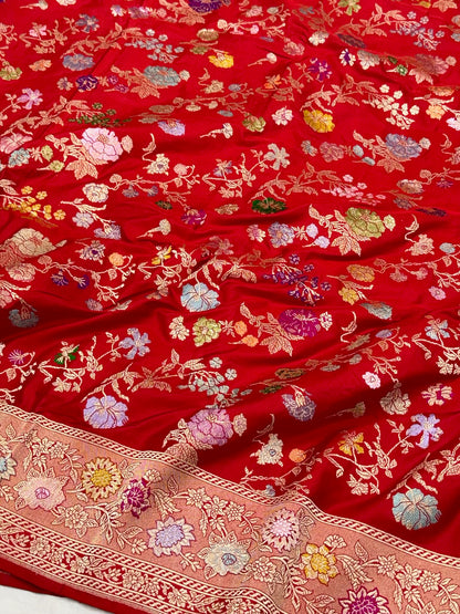 Red Pure Mulberry Double Katan Silk Handwoven Premium Banarasi Saree | Authentic Kadhwa Technique Banarasi Saree