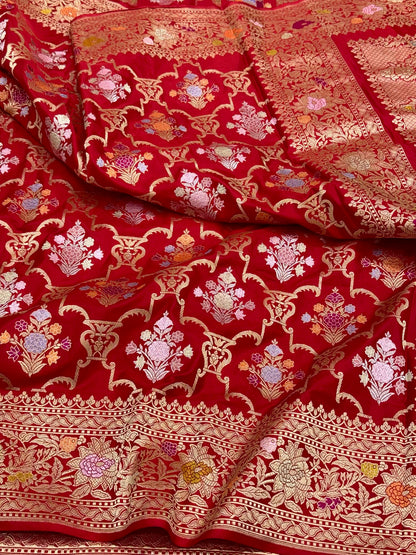 Red Pure Mulberry Silk & Pure Double Katan Silk Handwoven Premium Banarasi Saree with Kadhwa Weave